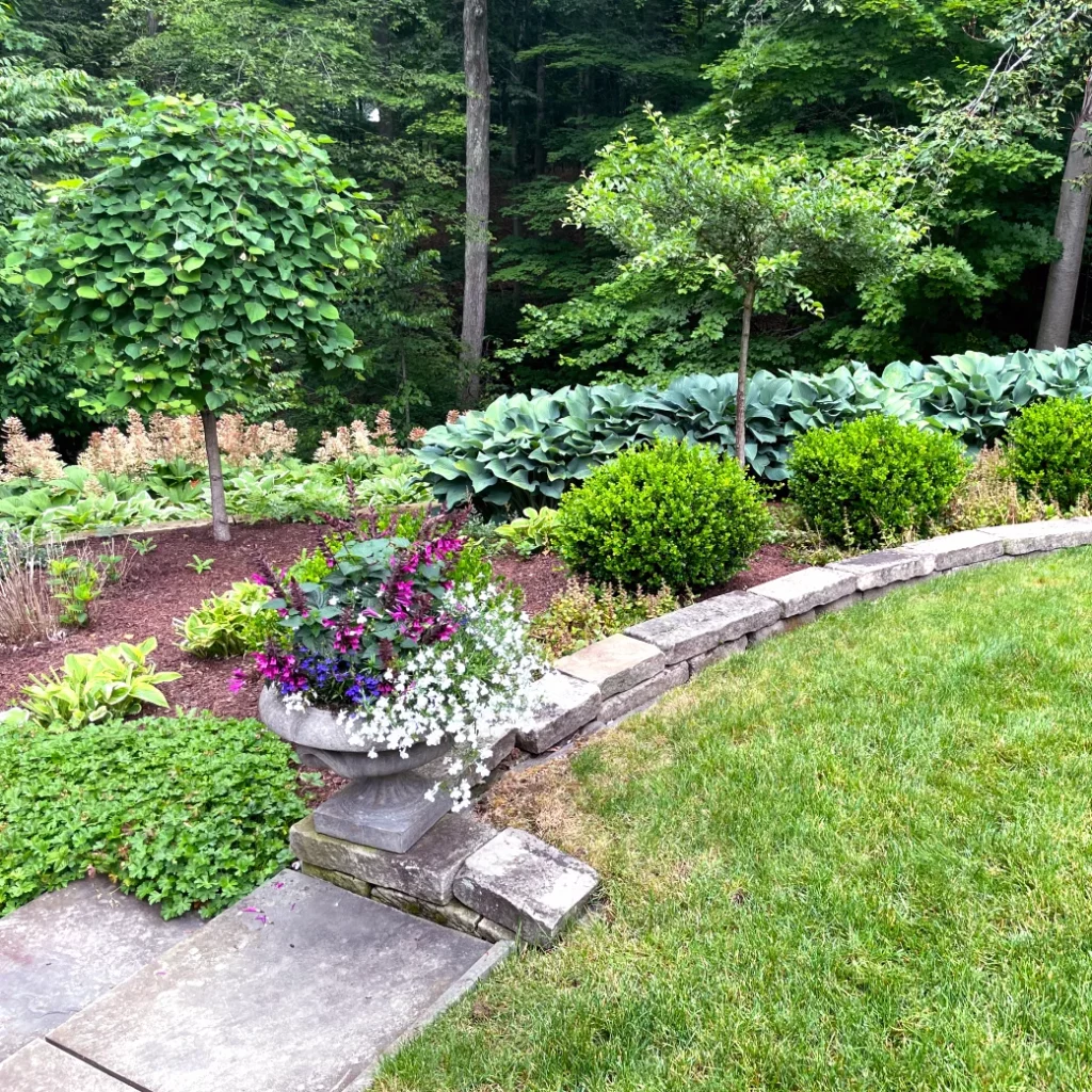 A garden bed containing native plants professionally installed by landscape designers Carmel Landscapes features stone steps, natural stone edging in a wooded Northeast Ohio yard.