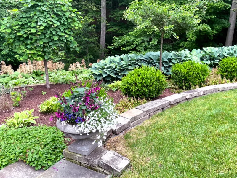 A garden bed containing native plants professionally installed by landscape designers Carmel Landscapes features stone steps, natural stone edging in a wooded Northeast Ohio yard.