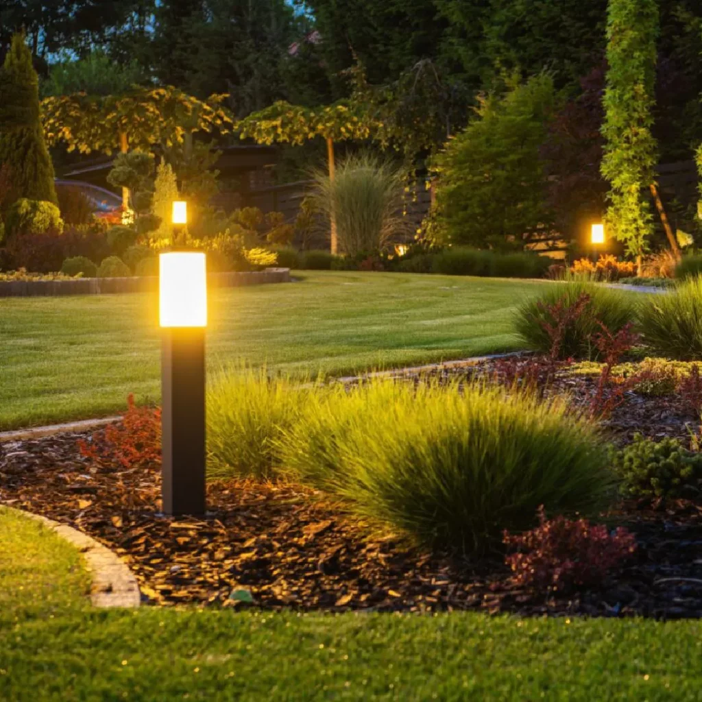 Landscape lighting bollards illuminate residential garden beds and ornamental grasses in a backyard design at dusk.