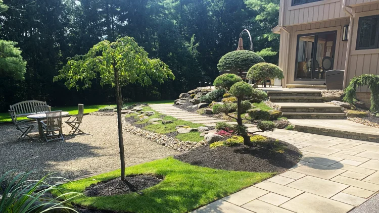 Patio and stone steps in a backyard oasis featuring professionally maintained trees and native plantings.